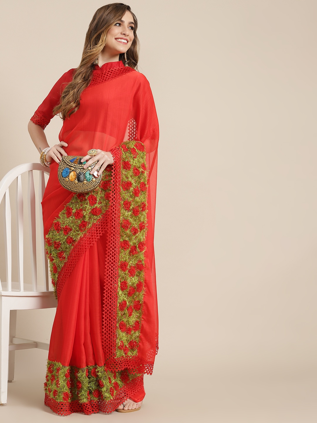 

SERONA FABRICS Red & Green Embellished Pure Chiffon Ready to Wear Saree