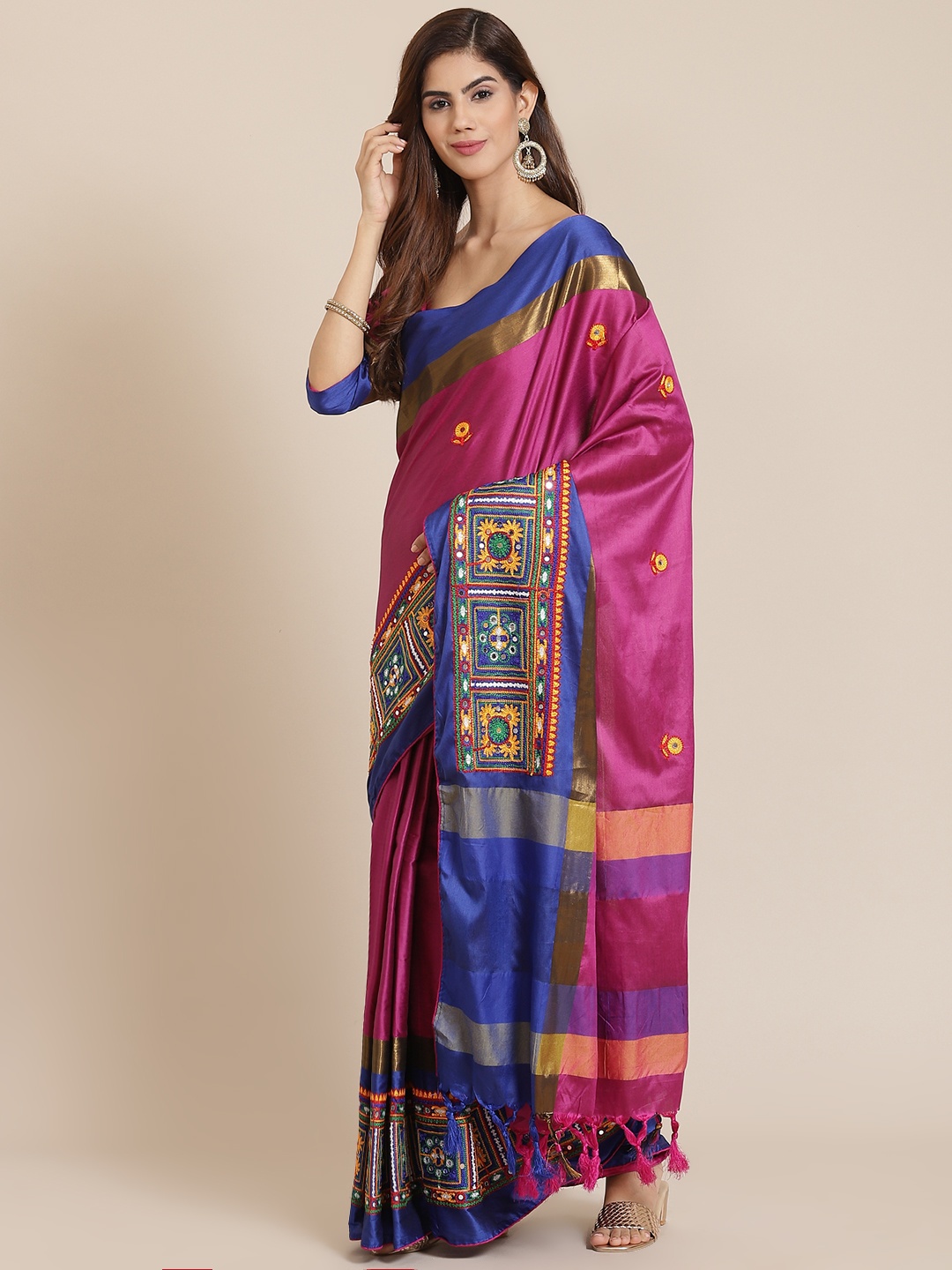 

SERONA FABRICS Pink & Blue Ethnic Motifs Mirror Work Silk Cotton Saree
