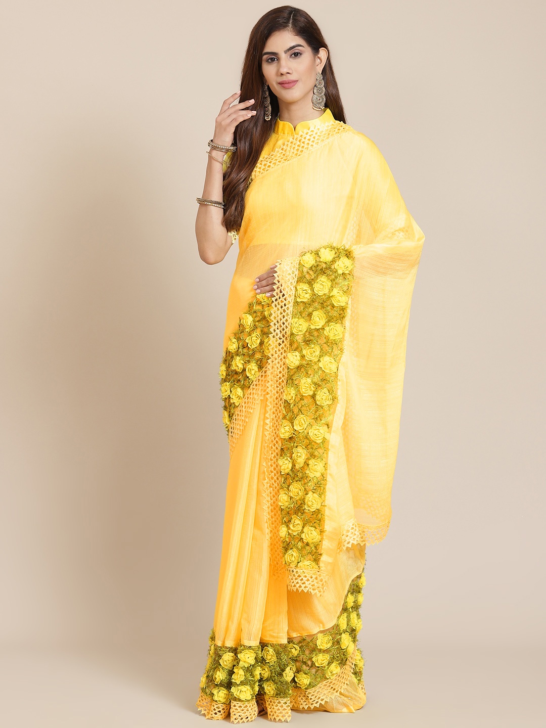 

SERONA FABRICS Yellow Floral Embellished Pure Chiffon Saree
