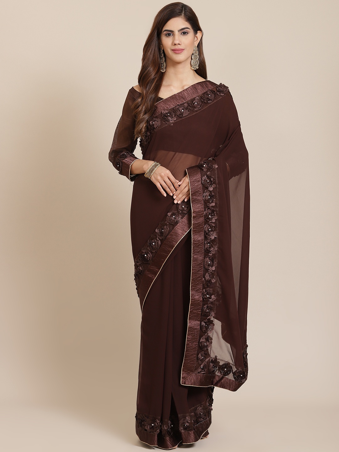 

SERONA FABRICS Brown Floral Embellished Pure Georgette Saree