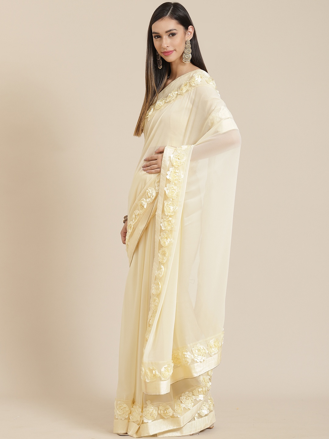 

SERONA FABRICS Cream-Coloured Embellished Pure Georgette Saree