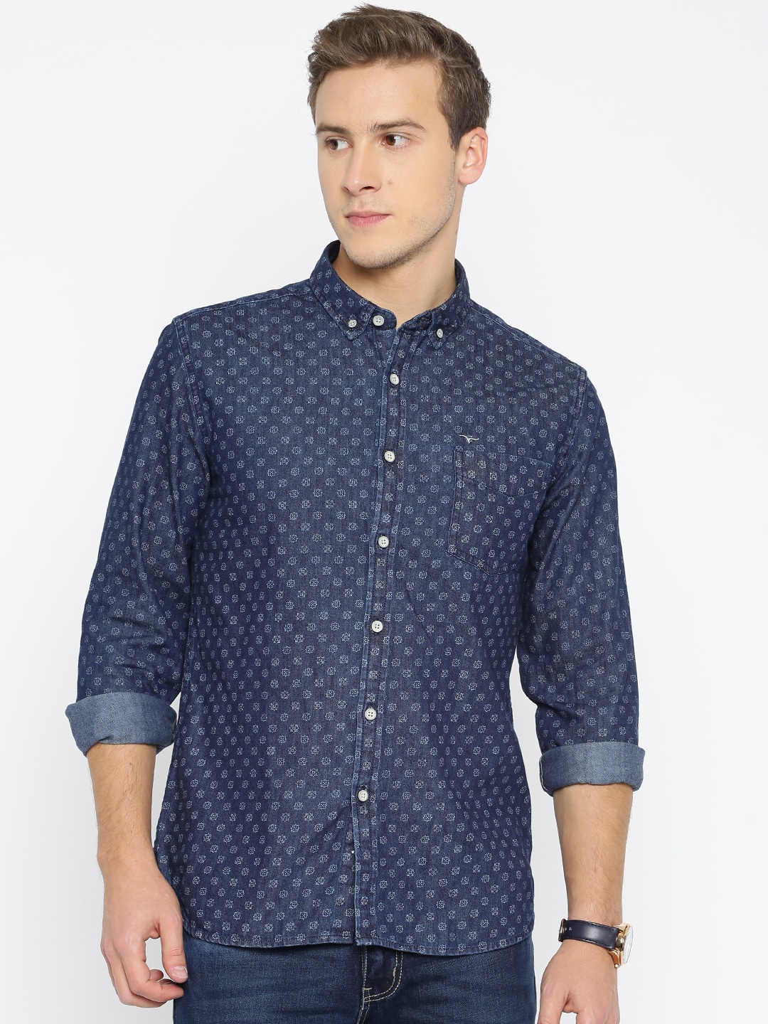 

Flying Machine Men Navy Blue Printed Casual Shirt