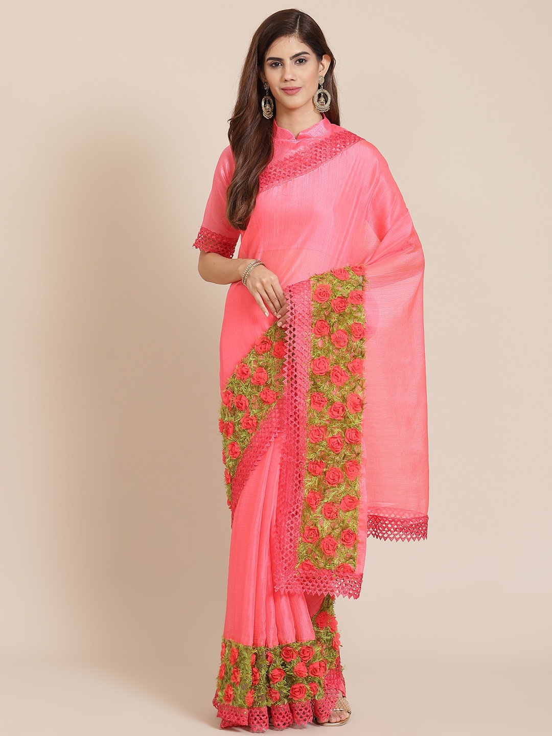 

SERONA FABRICS Pink & Green Floral Embellished Pure Chiffon Saree