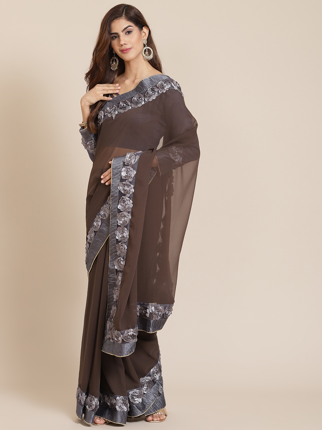 

SERONA FABRICS Coffee Brown & Grey Beads and Stones Pure Georgette Ready to Wear Saree