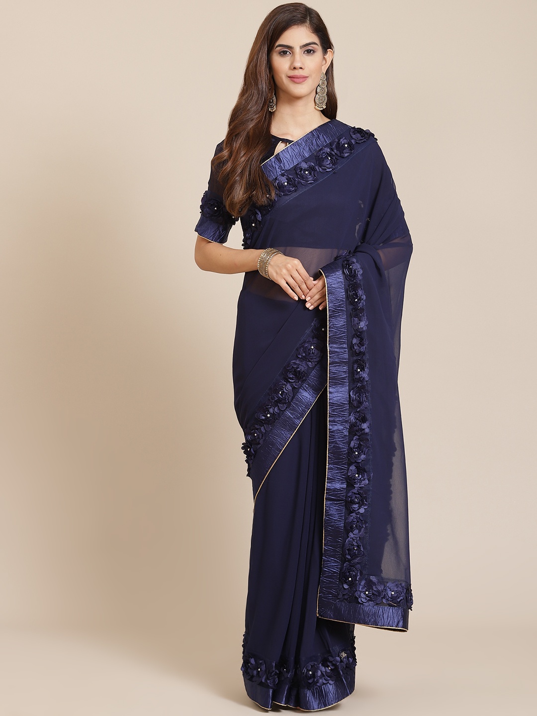 

SERONA FABRICS Navy Blue Floral Embellished Pure Georgette Saree