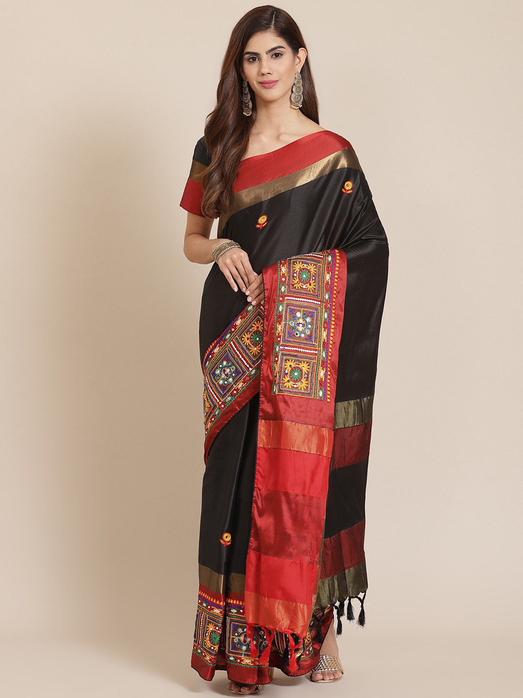 

SERONA FABRICS Black & Red Colourblocked Mirror Work Silk Cotton Ready to Wear Saree
