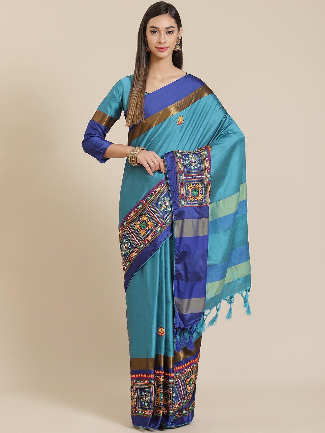 

SERONA FABRICS Turquoise Blue Ethnic Motifs Embroidered Mirror Work Silk Cotton Saree