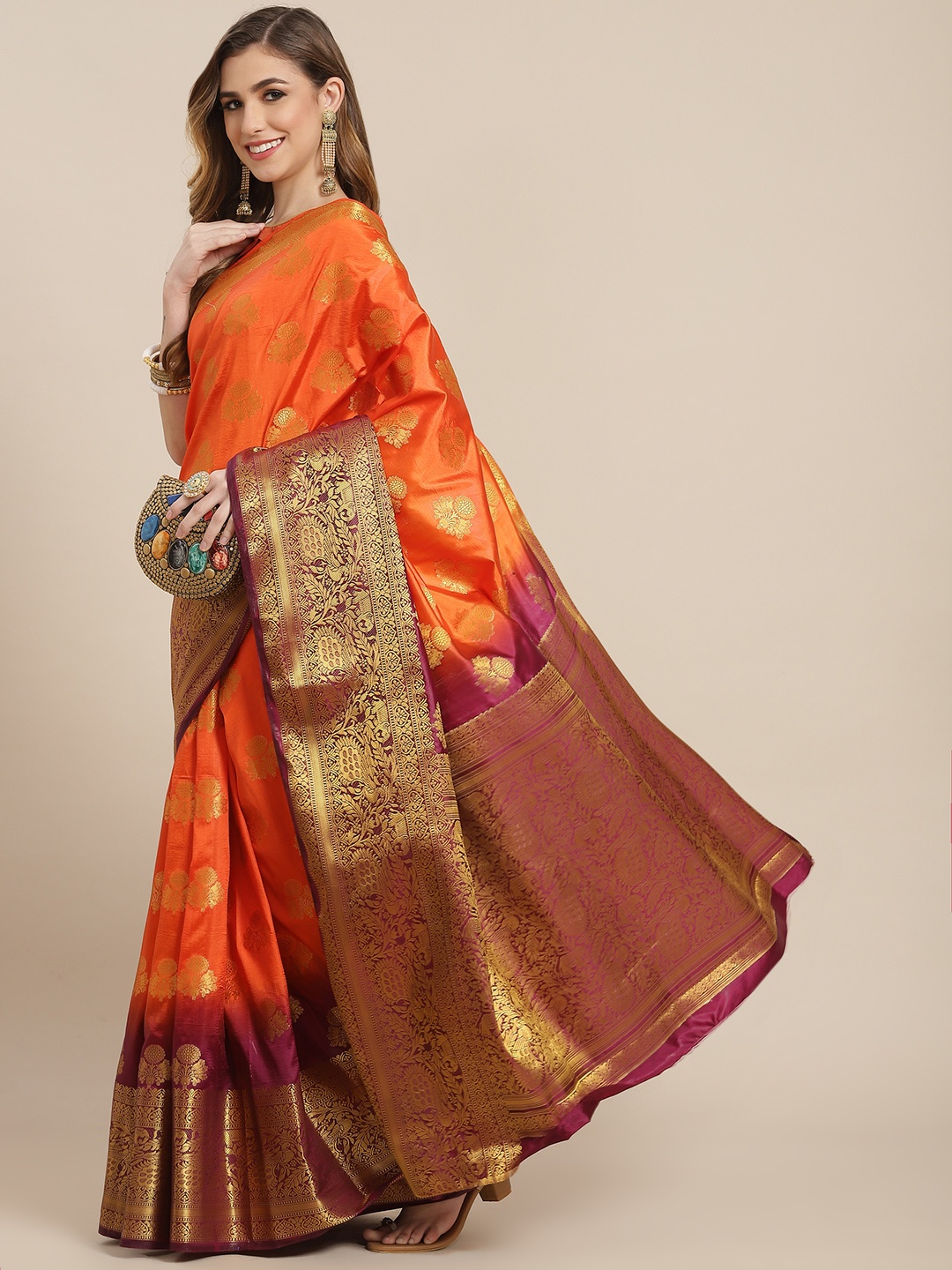 

SERONA FABRICS Orange & Maroon Ethnic Motifs Zari Silk Blend Ready to Wear Banarasi Saree