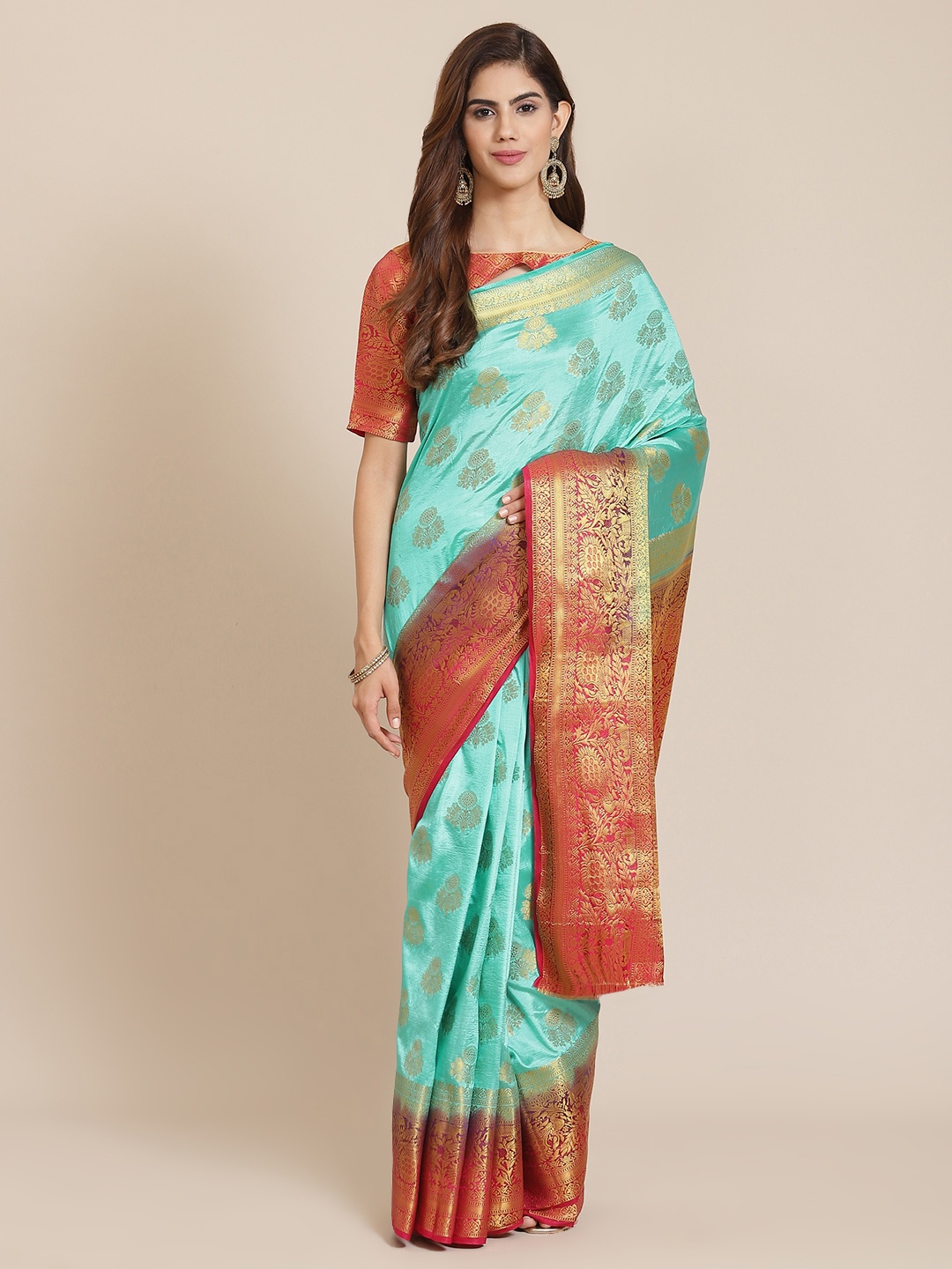 

SERONA FABRICS Turquoise Blue & Red Ethnic Motifs Zari Silk Blend Banarasi Saree