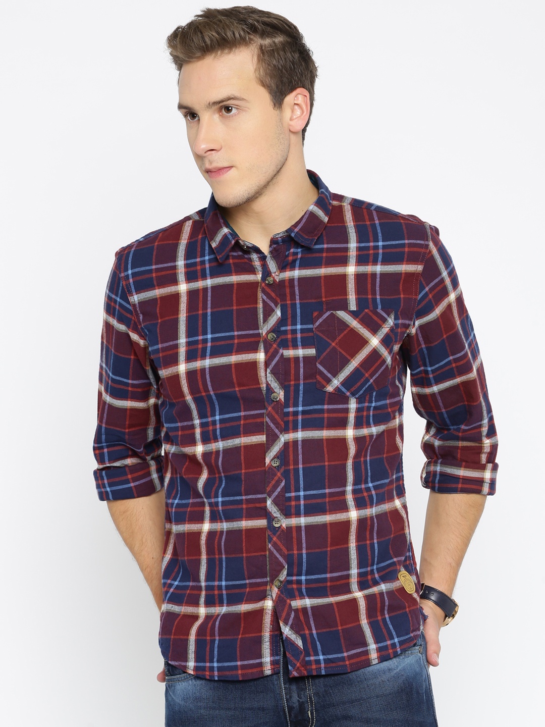 

Flying Machine Men Maroon & Navy Checked Casual Shirt