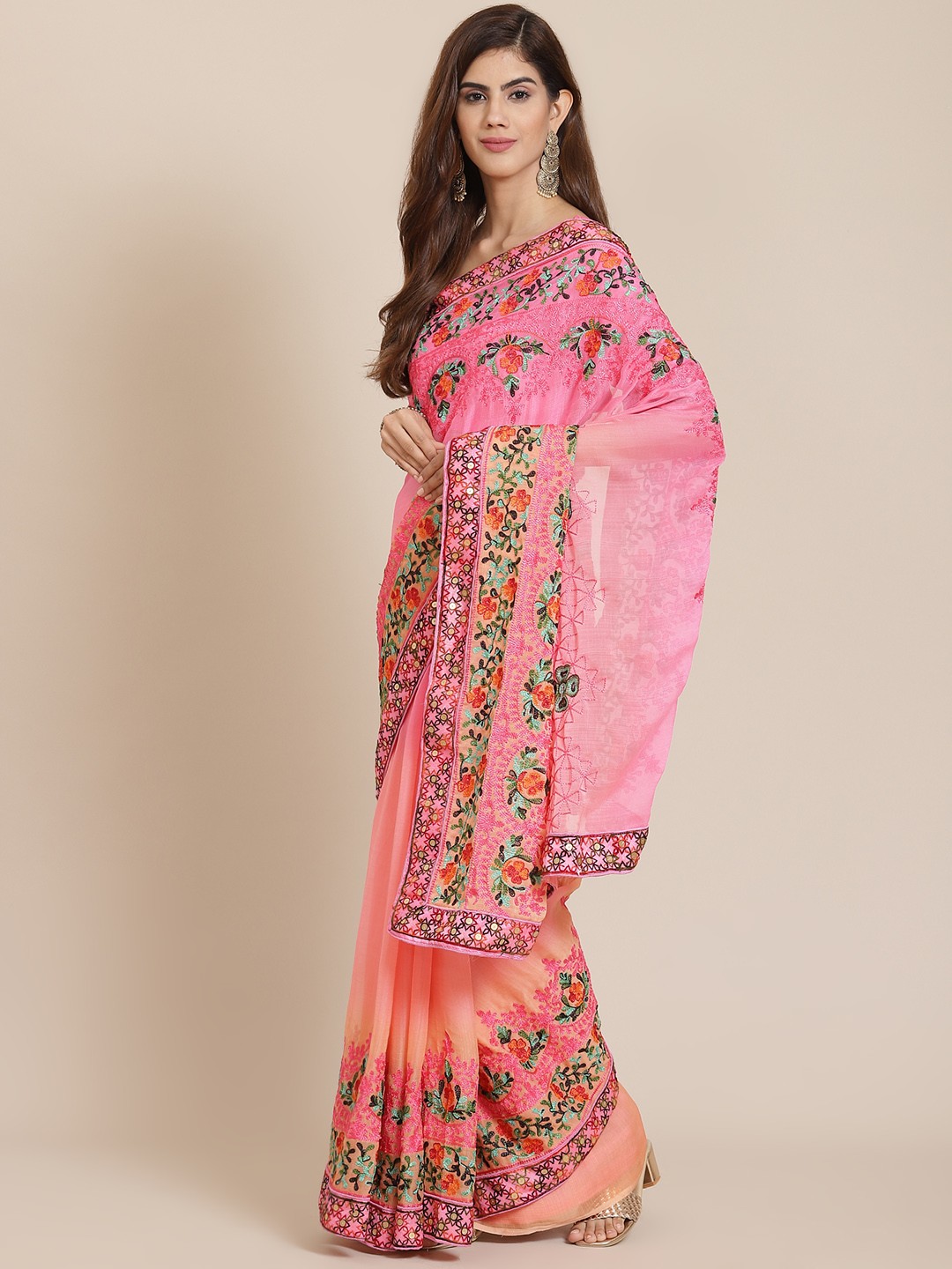 

SERONA FABRICS Pink Floral Embroidered Pure Chiffon Saree