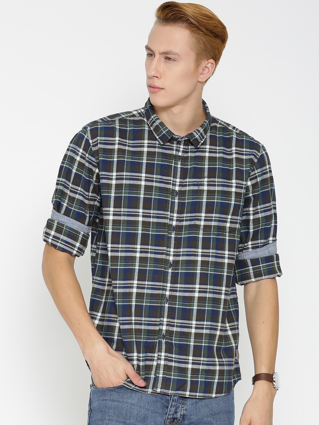 

Flying Machine Men Green & Navy Checked Casual Shirt