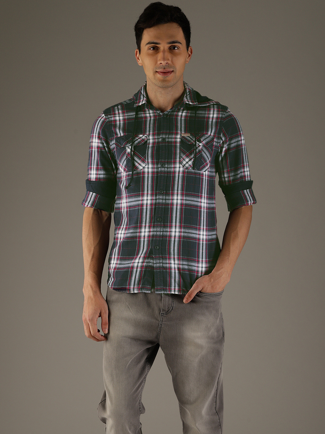 

Flying Machine Men Navy & White Checked Hooded Casual Shirt, Navy blue