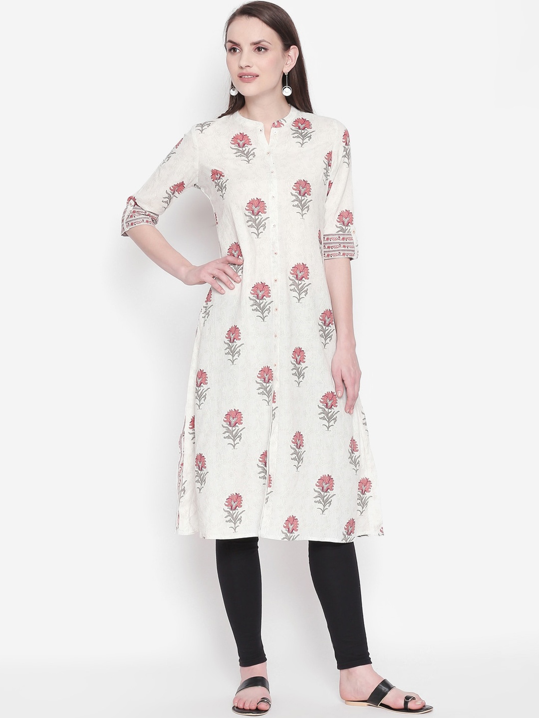 

RANGMANCH BY PANTALOONS Women Pink Floral Cotton Printed Flared Sleeves Thread Work Kurta