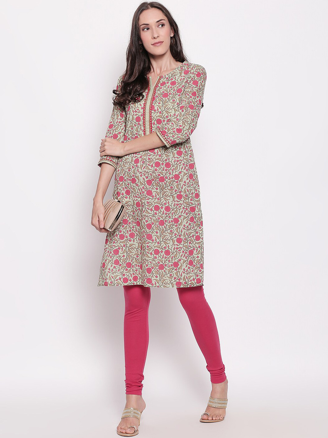 

RANGMANCH BY PANTALOONS Women Olive Green & Pink Floral Printed Kurta