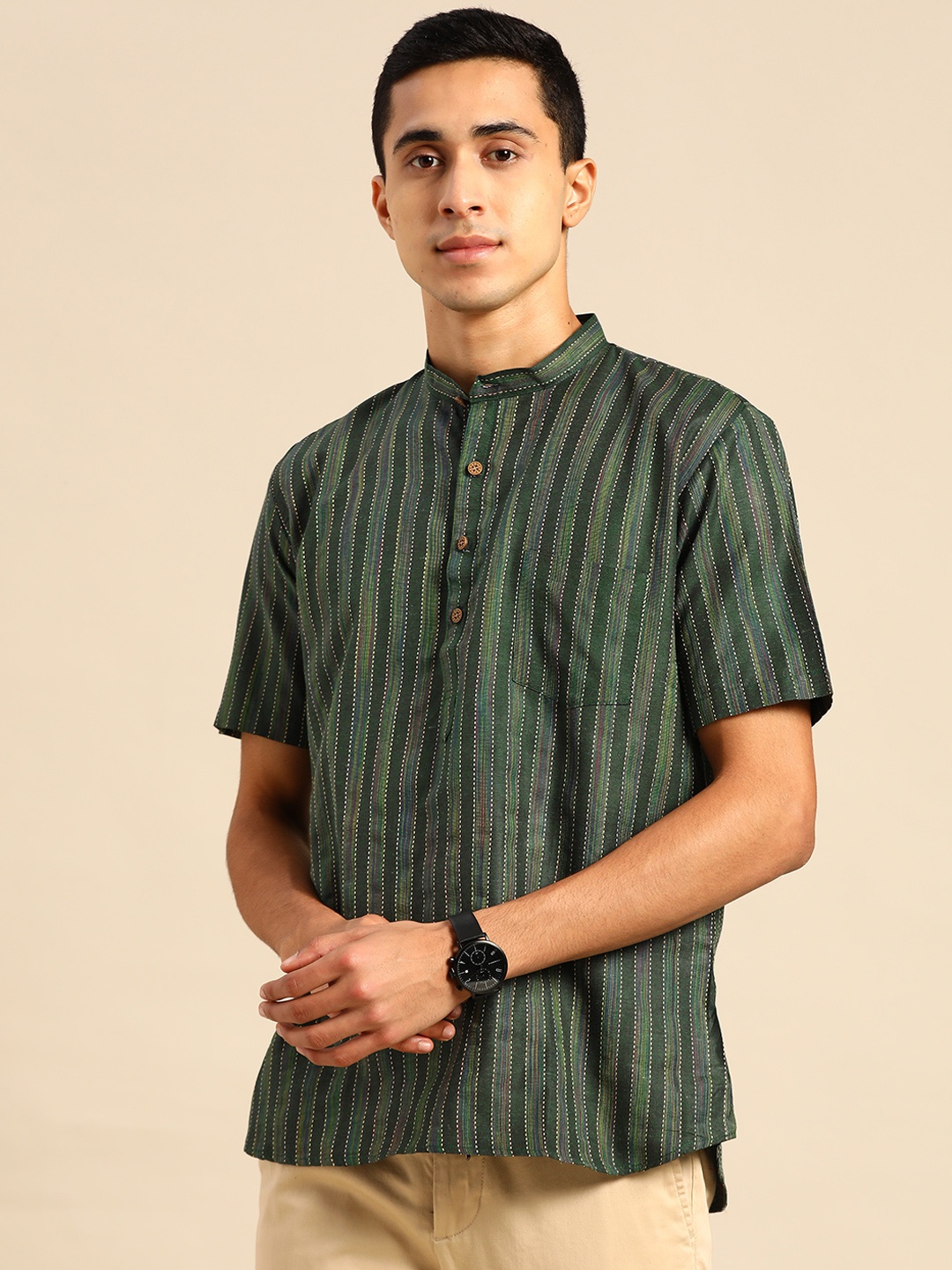 

RAJUBHAI HARGOVINDAS Men Green Striped Kurta