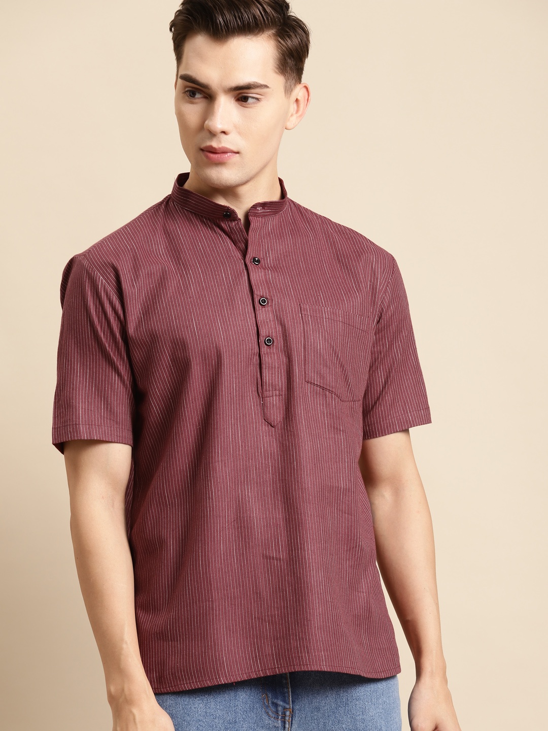 

RAJUBHAI HARGOVINDAS Men Maroon & White Striped Handloom Kurta