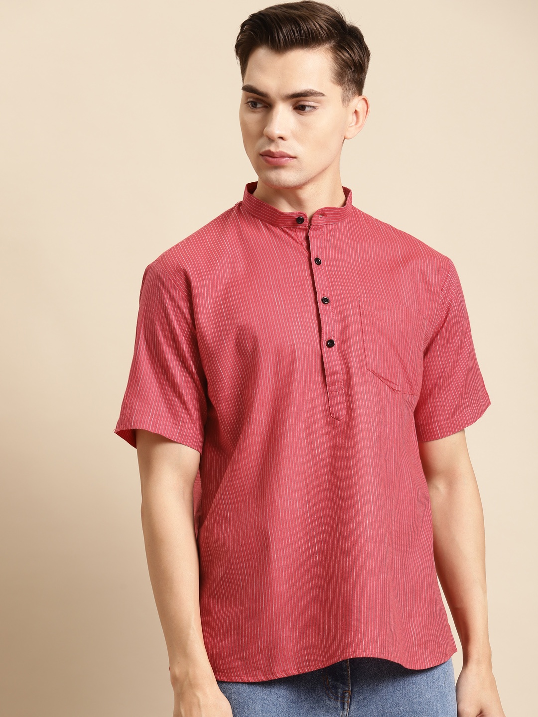 

RAJUBHAI HARGOVINDAS Men Red & White Striped Handloom Kurta