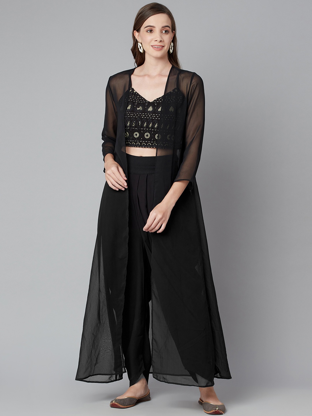 

Purple State Women Black & Gold-Toned Embroidered CropTop with Dhoti Pants & Jacket