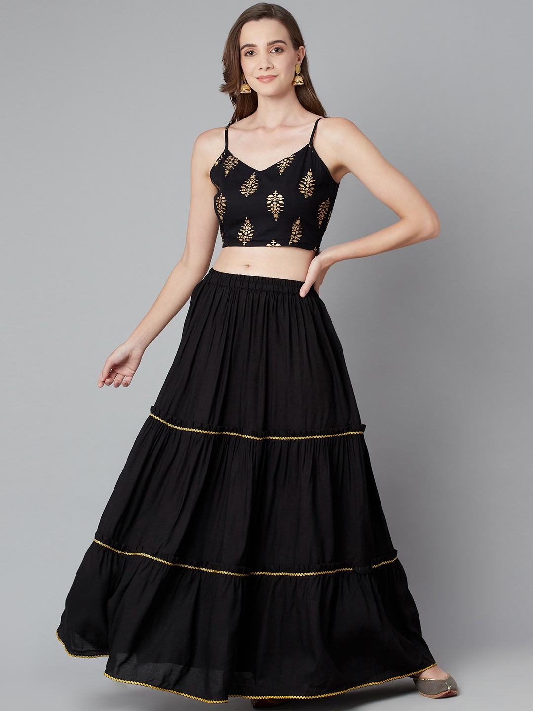 Purple State Women Black Printed Top with Tiered Skirt