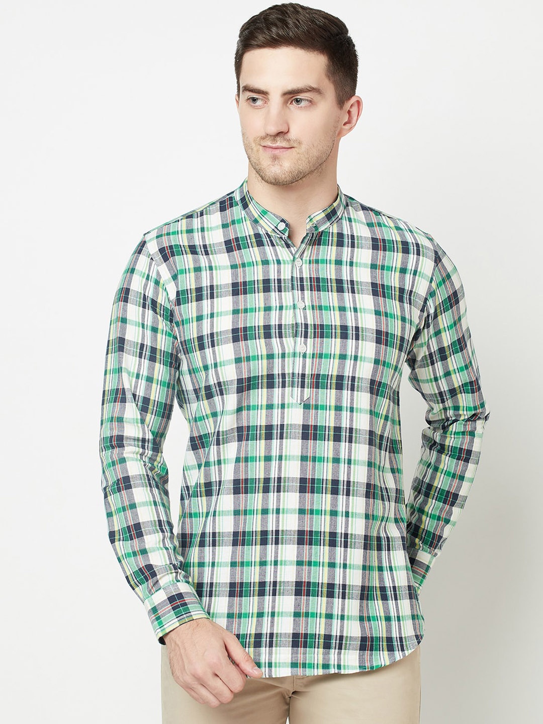 

Purple State Men Green & White Checked Short Kurta