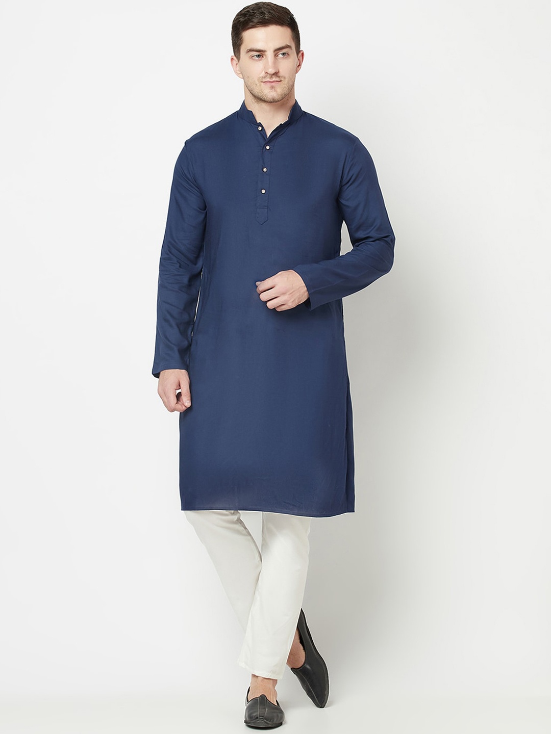 

Purple State Men Navy Blue Linen Kurta