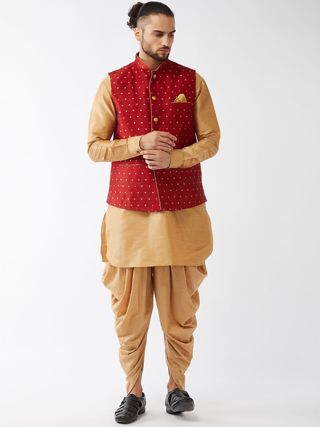 

VASTRAMAY Men Gold & Maroon Layered Kurta with Dhoti Pants & Jacket