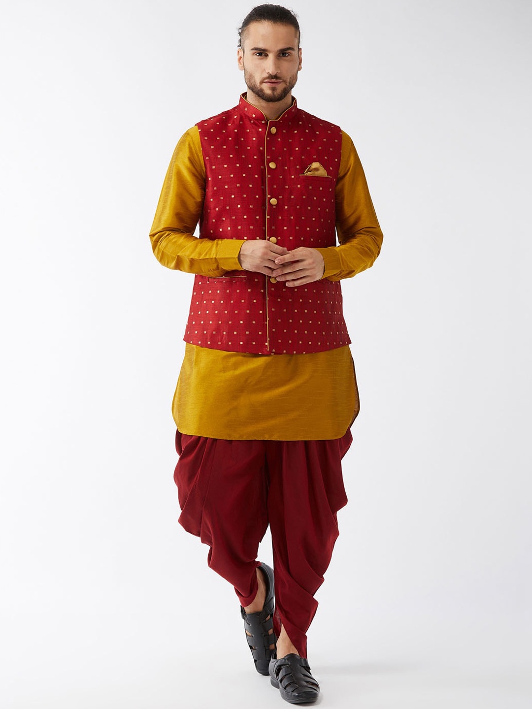 

VASTRAMAY Men Mustard Yellow & Maroon Kurta with Dhoti Pants & Jacket