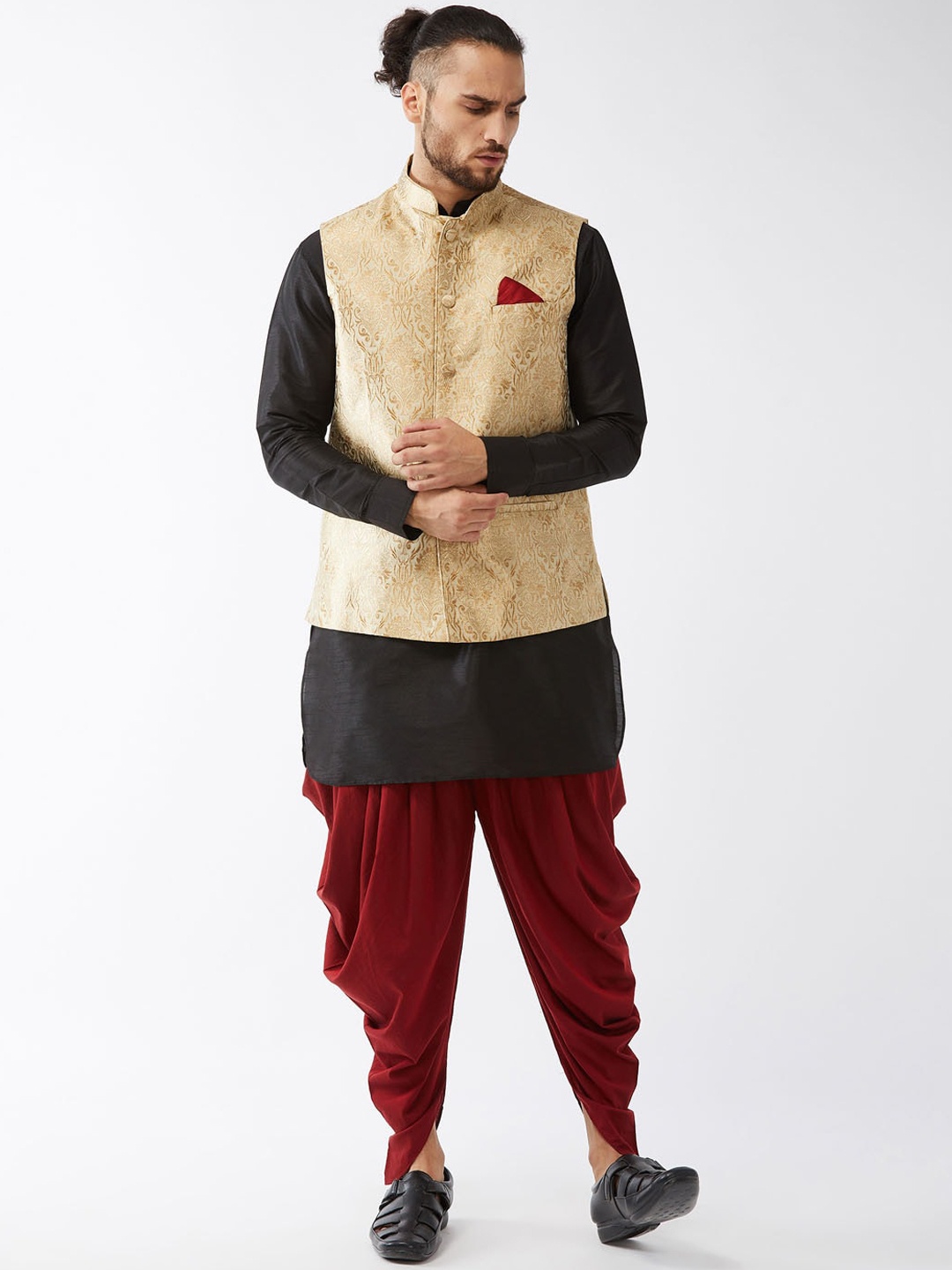 

VASTRAMAY Men Black & Maroon Regular Kurta with Dhoti Pants & Jacket