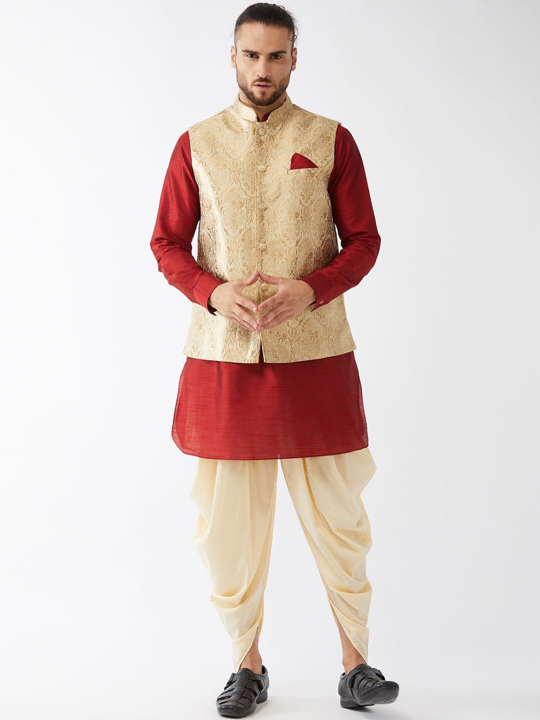 

VASTRAMAY Men Maroon Layered Kurta with Dhoti Pants