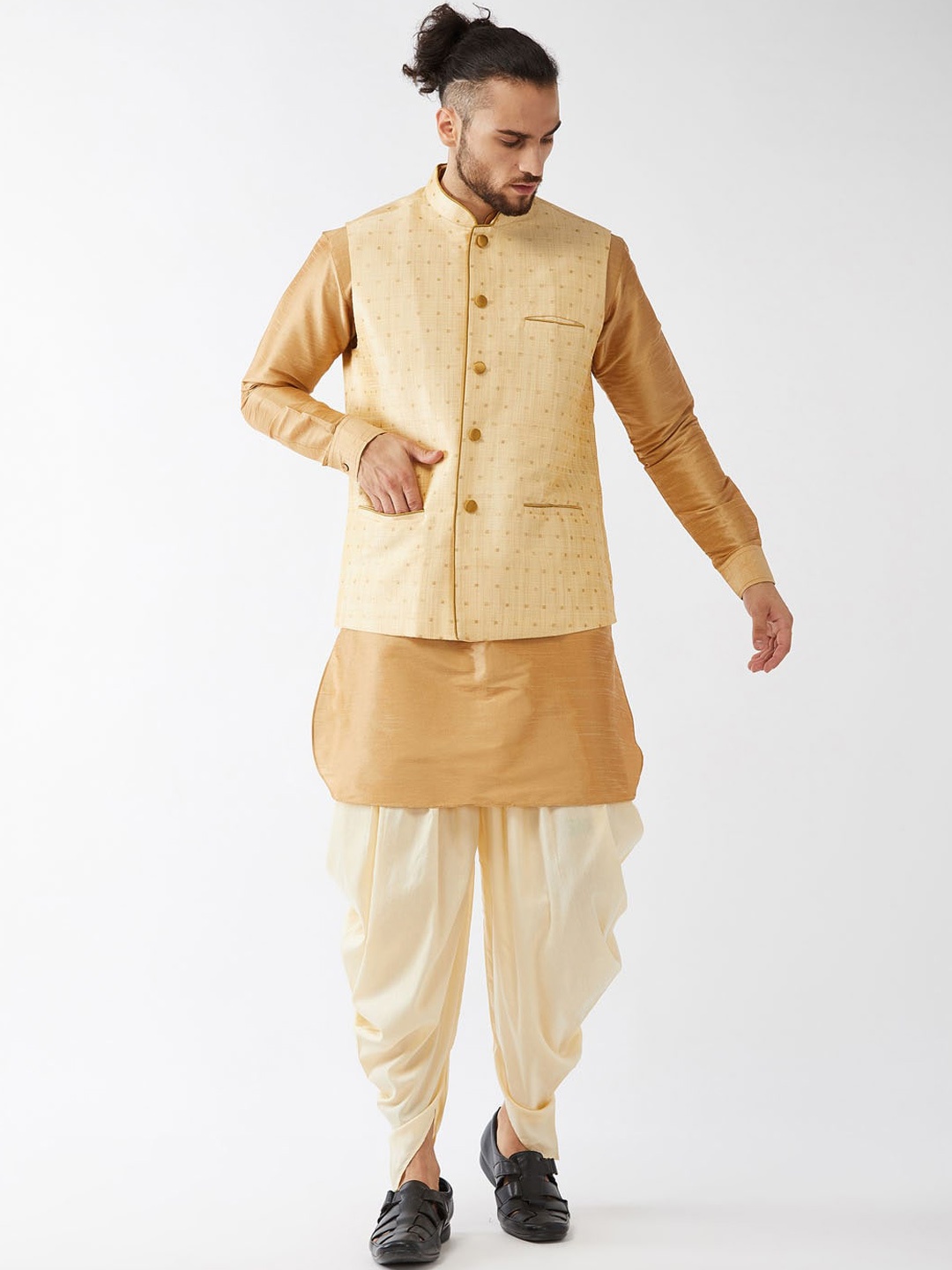 

VASTRAMAY Men Rose Gold Striped Layered Kurta with Dhoti Pants
