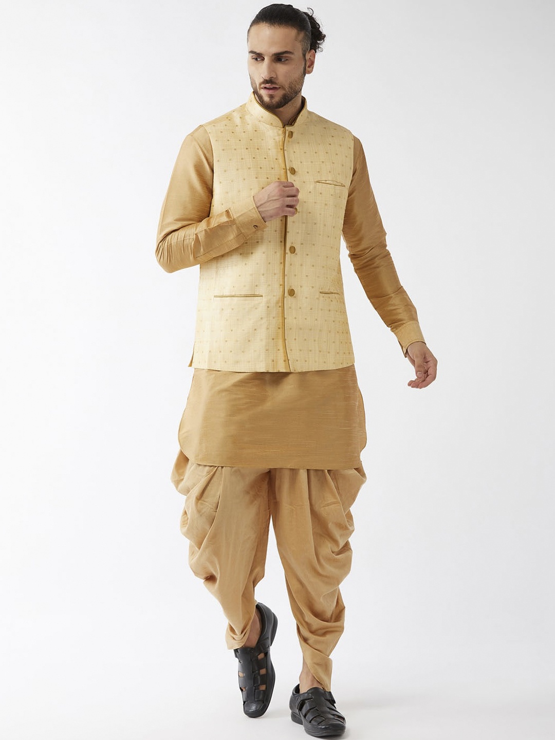 

VASTRAMAY Men Rose Gold Layered Kurta with Dhoti Pants & Jacket