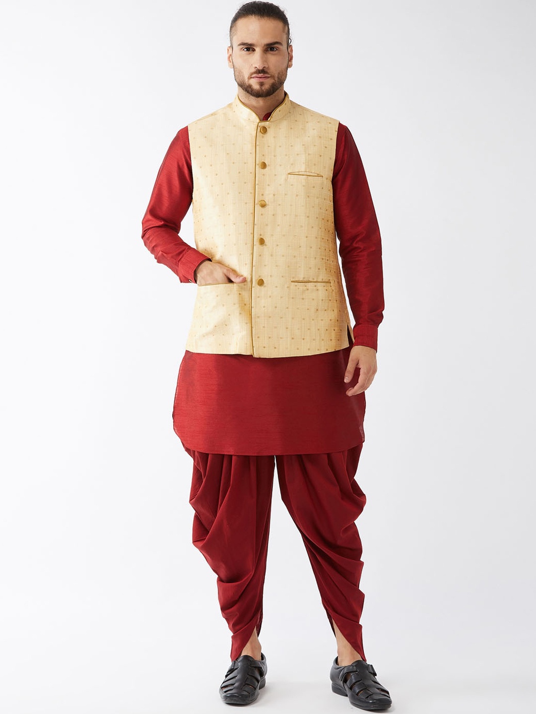 

VASTRAMAY Men Maroon Layered Kurta with Dhoti Pants & jacket