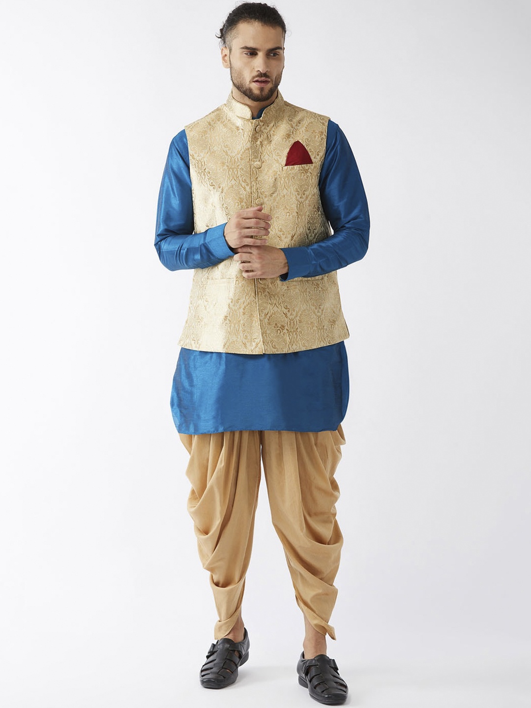 

VASTRAMAY Men Turquoise Blue Layered Kurta with Dhoti Pants & Jacket