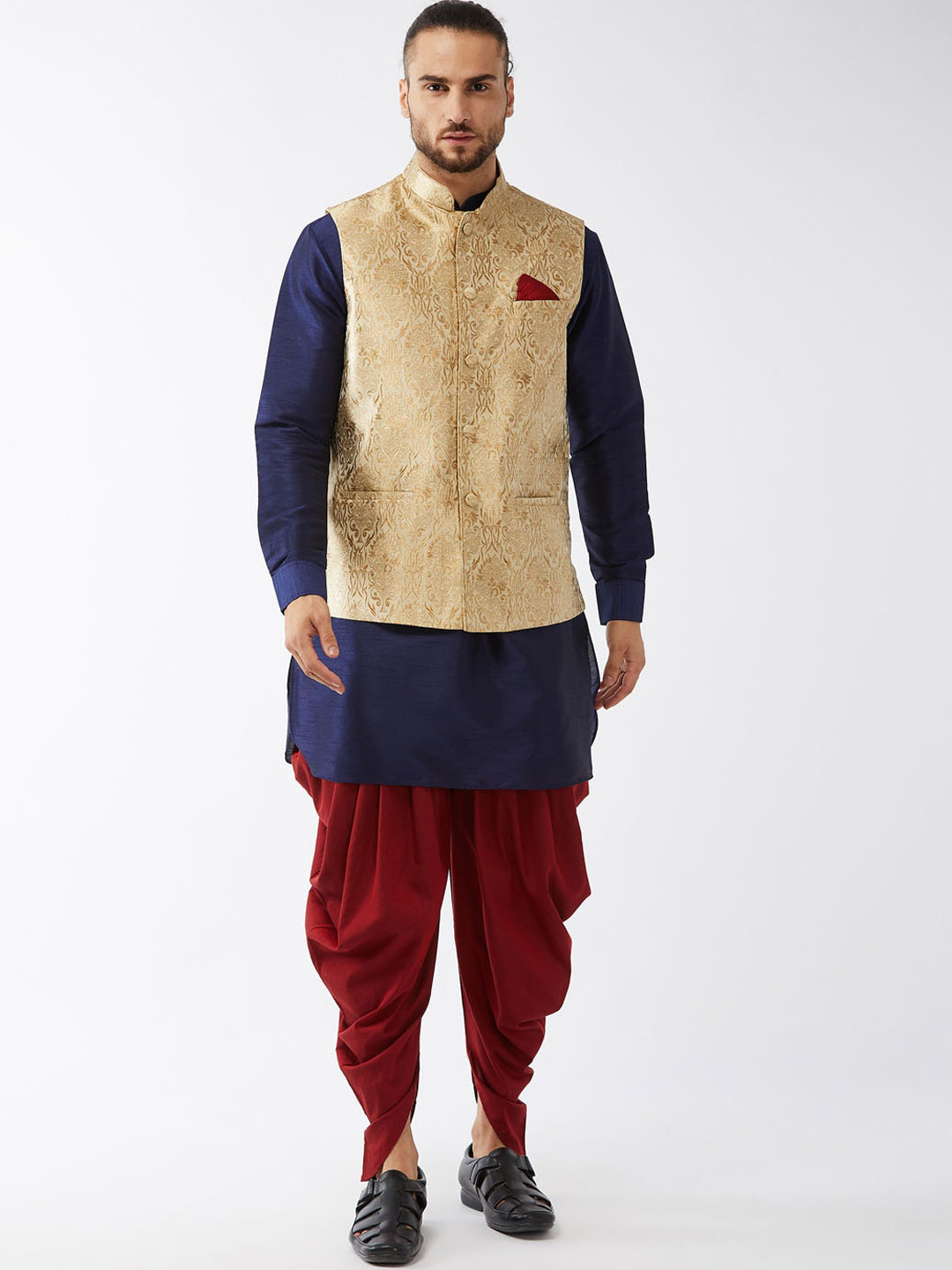 

VASTRAMAY Men Navy Blue Regular Kurta with Dhoti Pants
