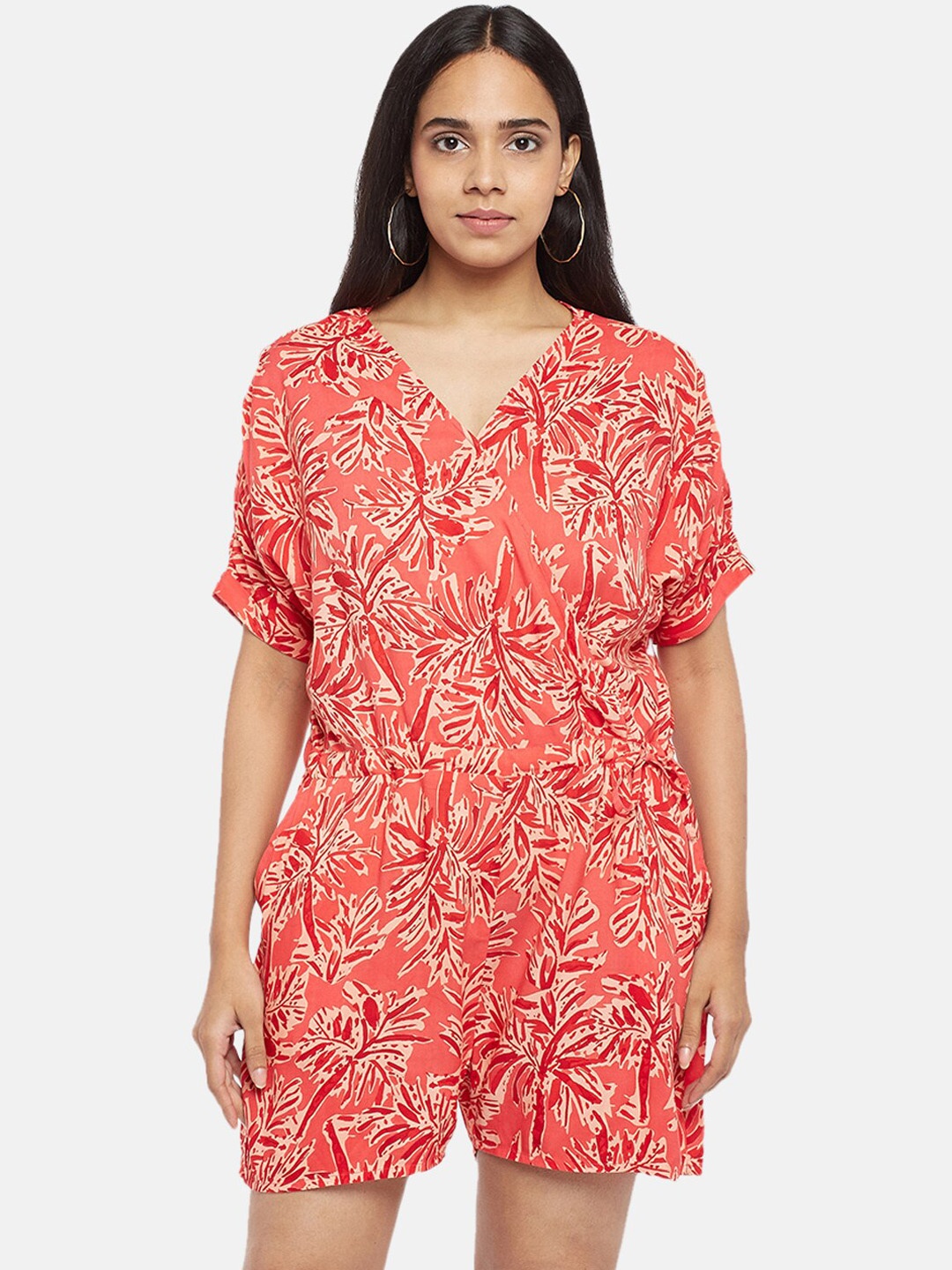 

People Women Coral-Coloured & Off-White Printed Rompers