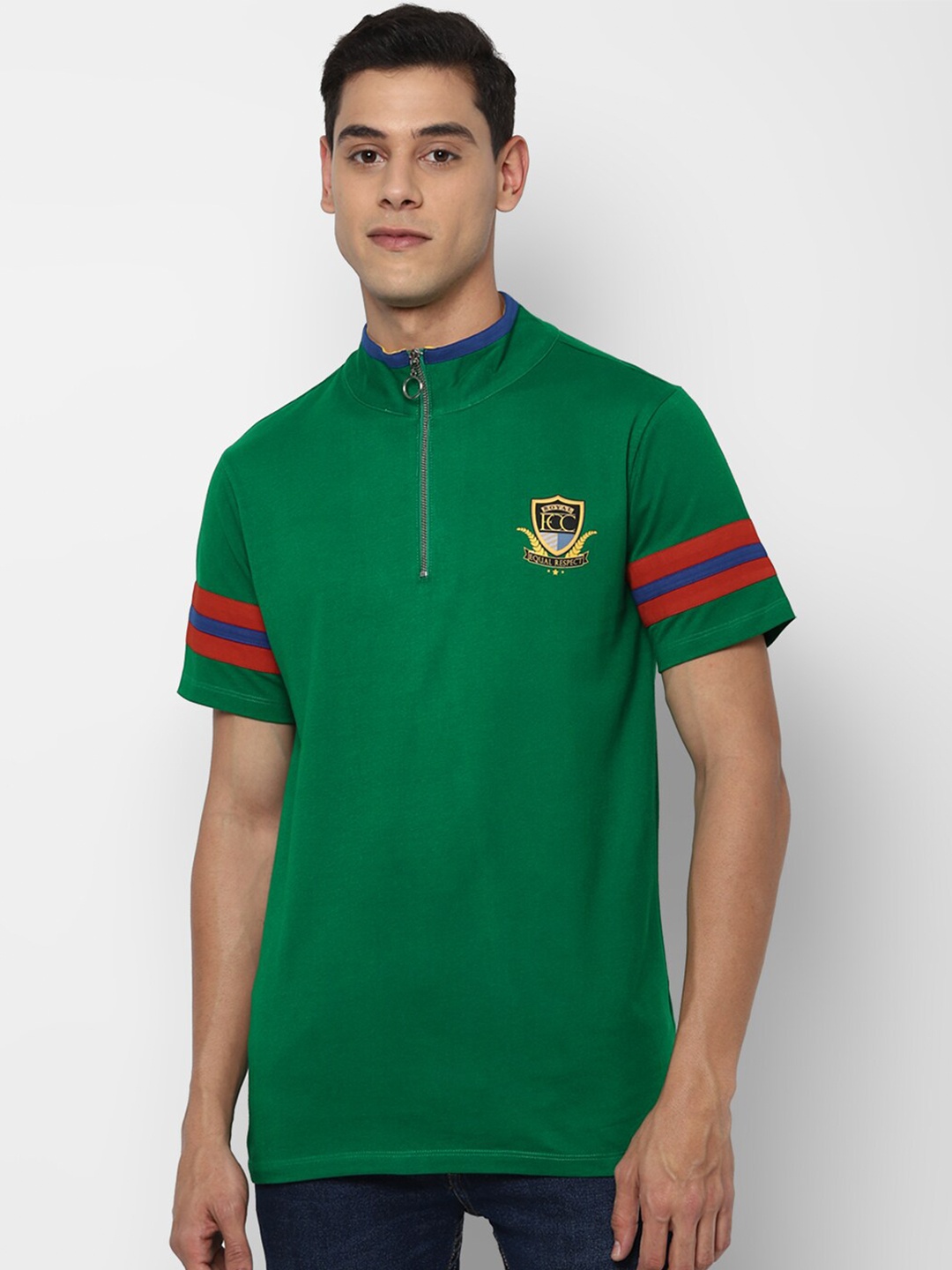

FOREVER 21 Men Green Mandarin Collar Applique T-shirt