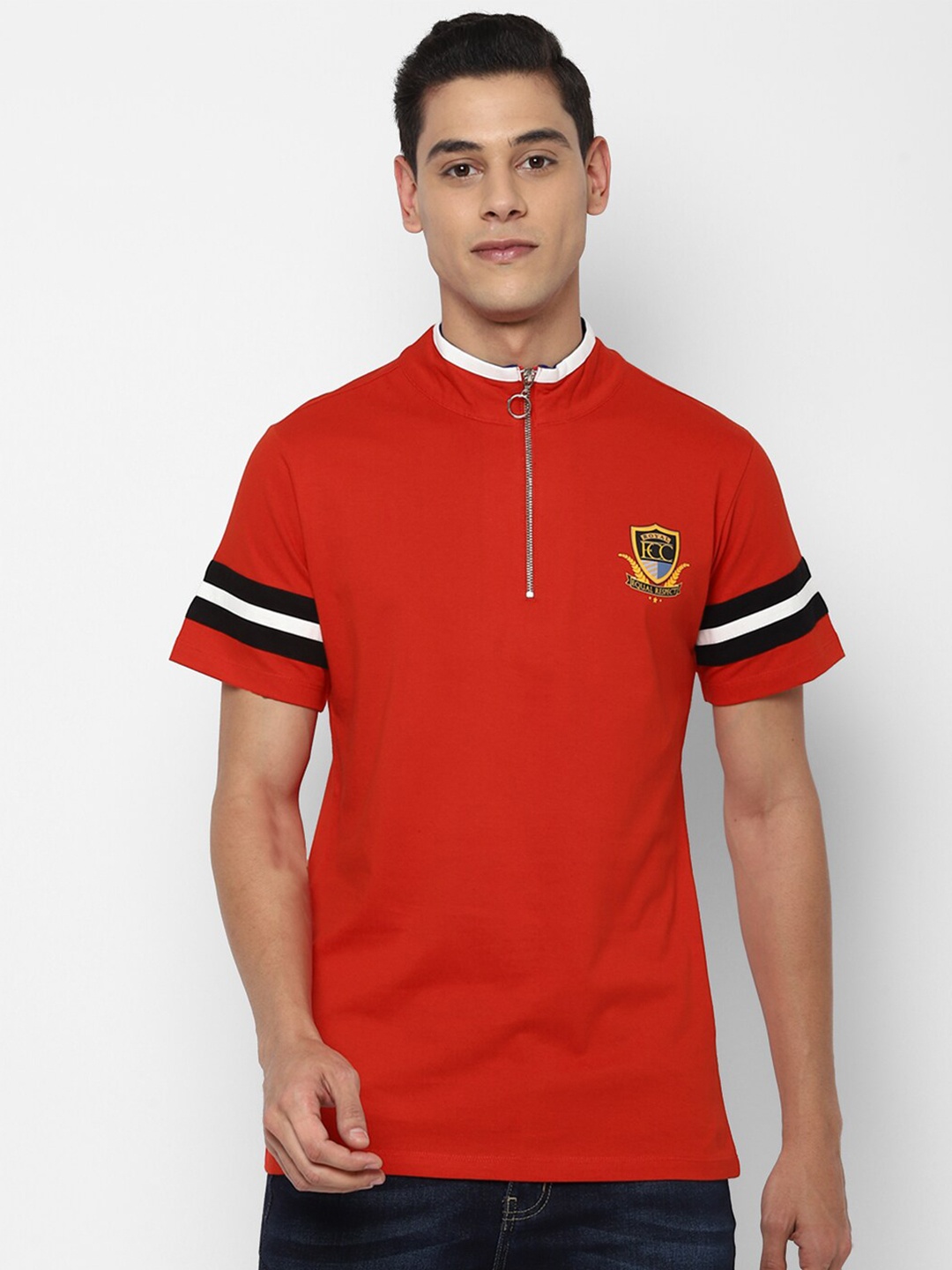 

FOREVER 21 Men Red Mandarin Collar Applique T-shirt