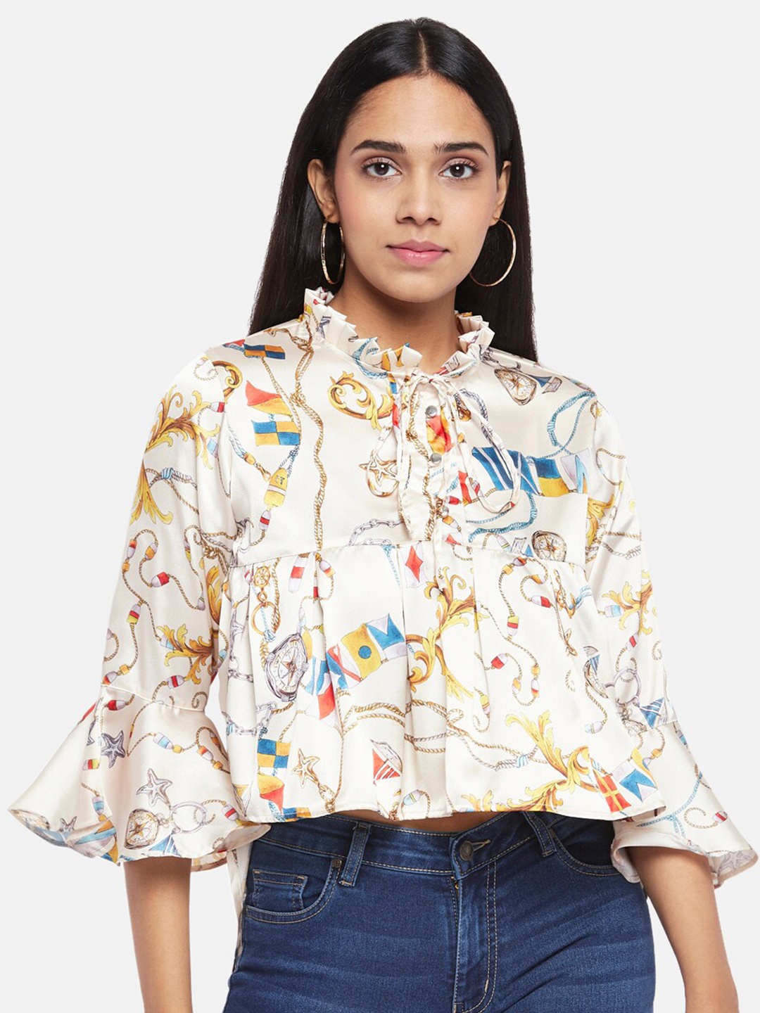 

People Off White Floral Tie-Up Neck Regular Top