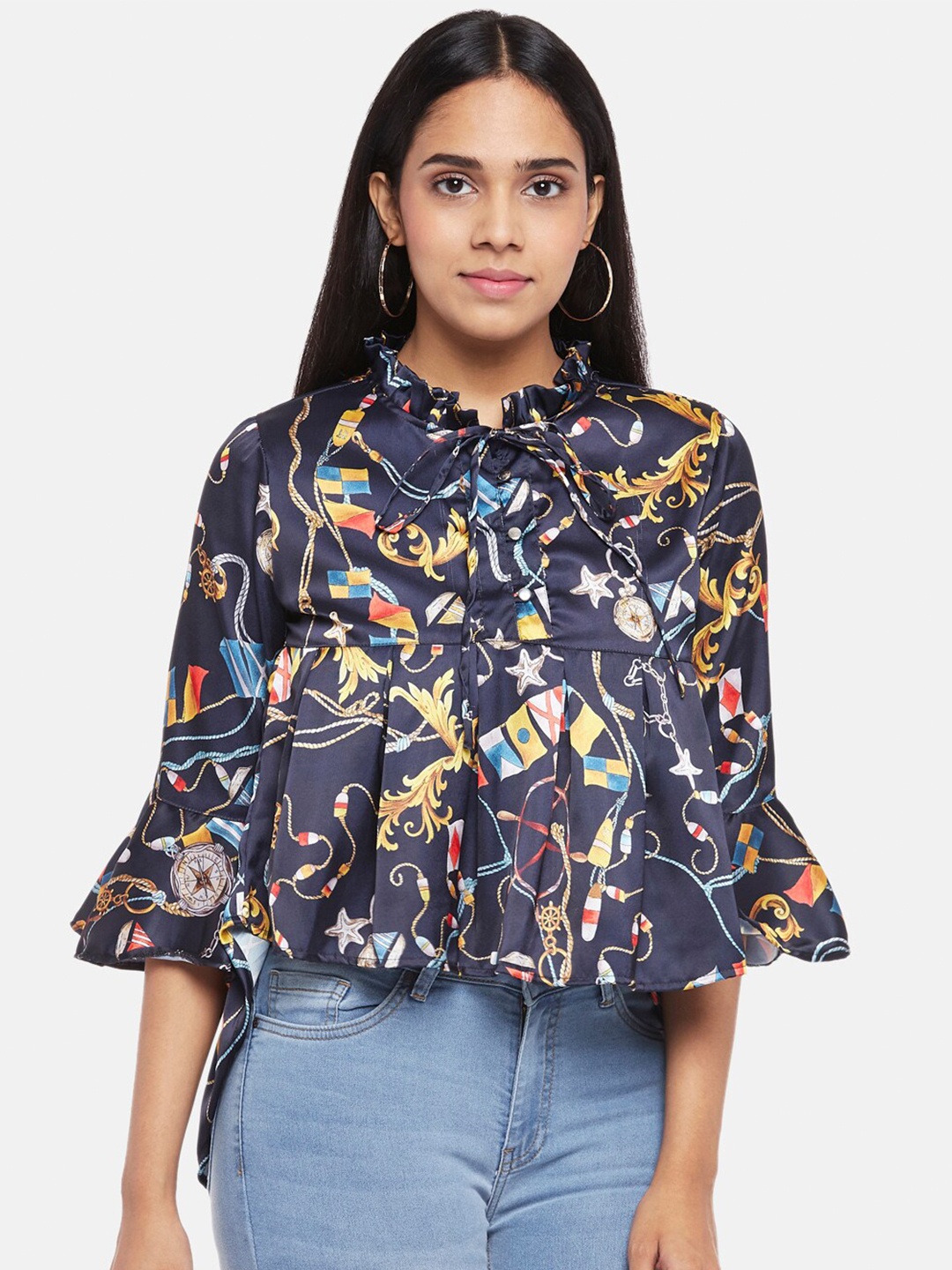 

People Navy Blue Tie-Up Neck Empire Top
