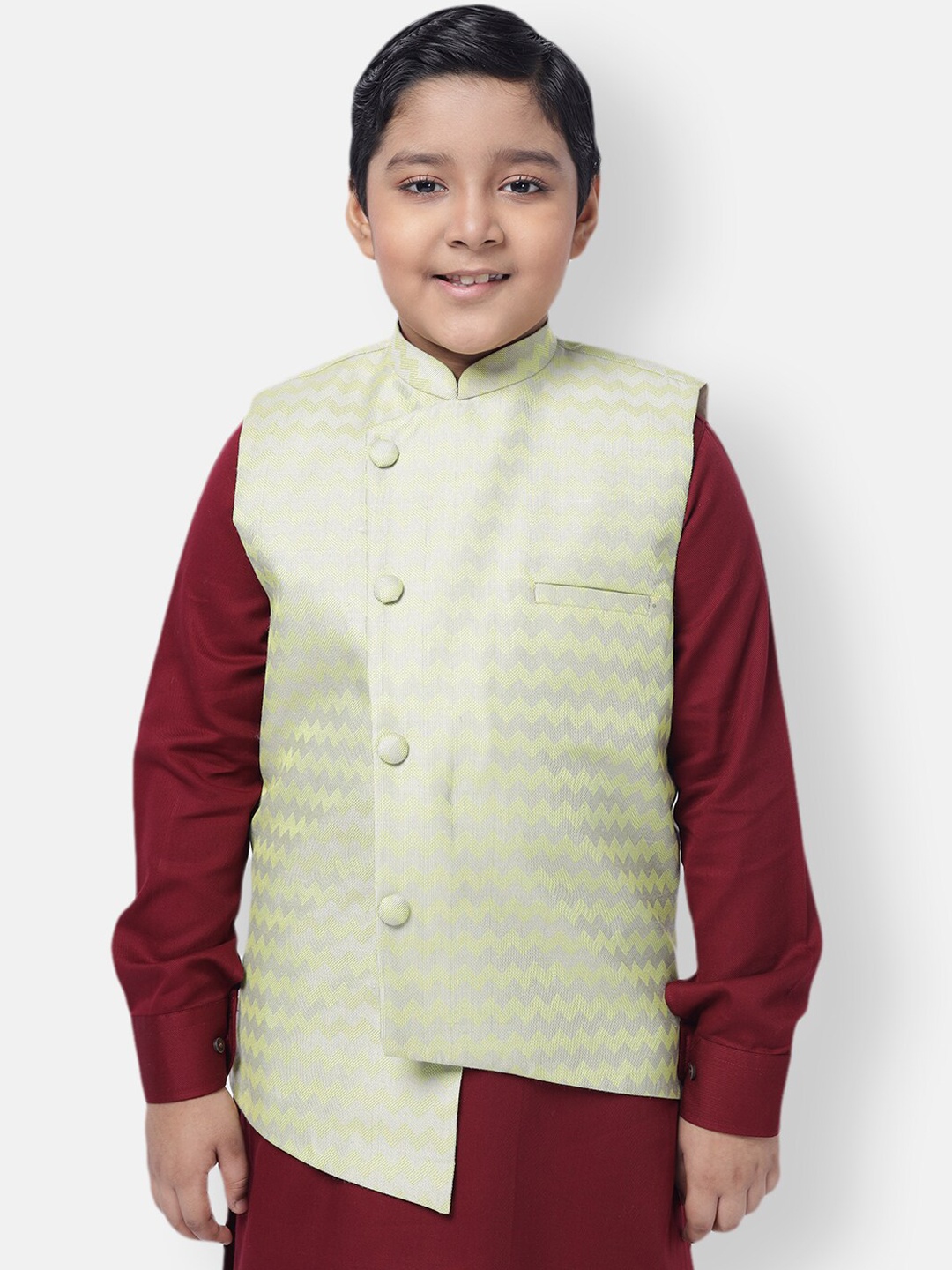 

NAMASKAR Boys Grey & Lime Green Printed Pure Cotton Woven Nehru Jacket