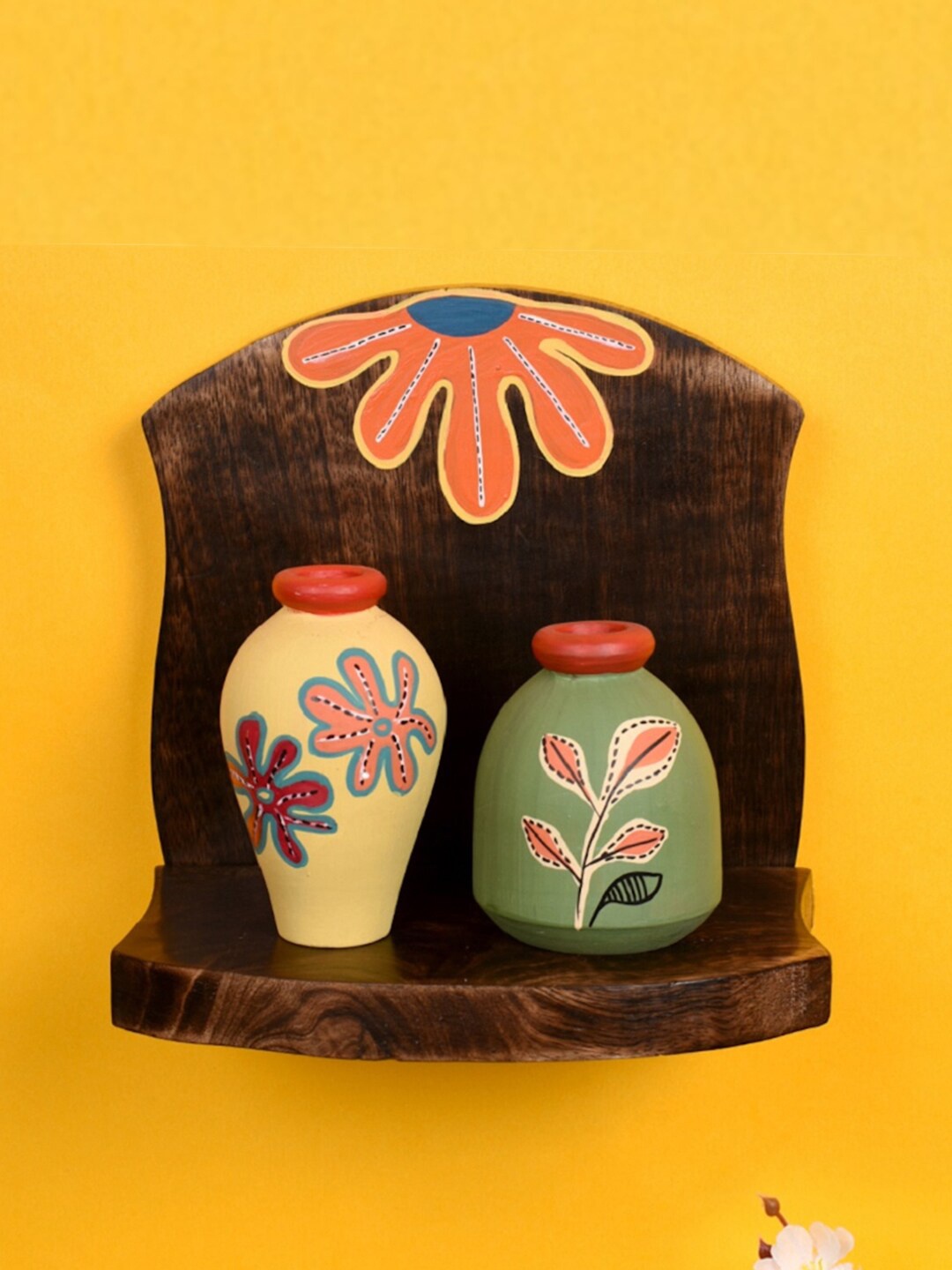 

AAKRITI ART CREATIONS Brown & Orange Madhubani Art Wooden Shelf with 2 Pots