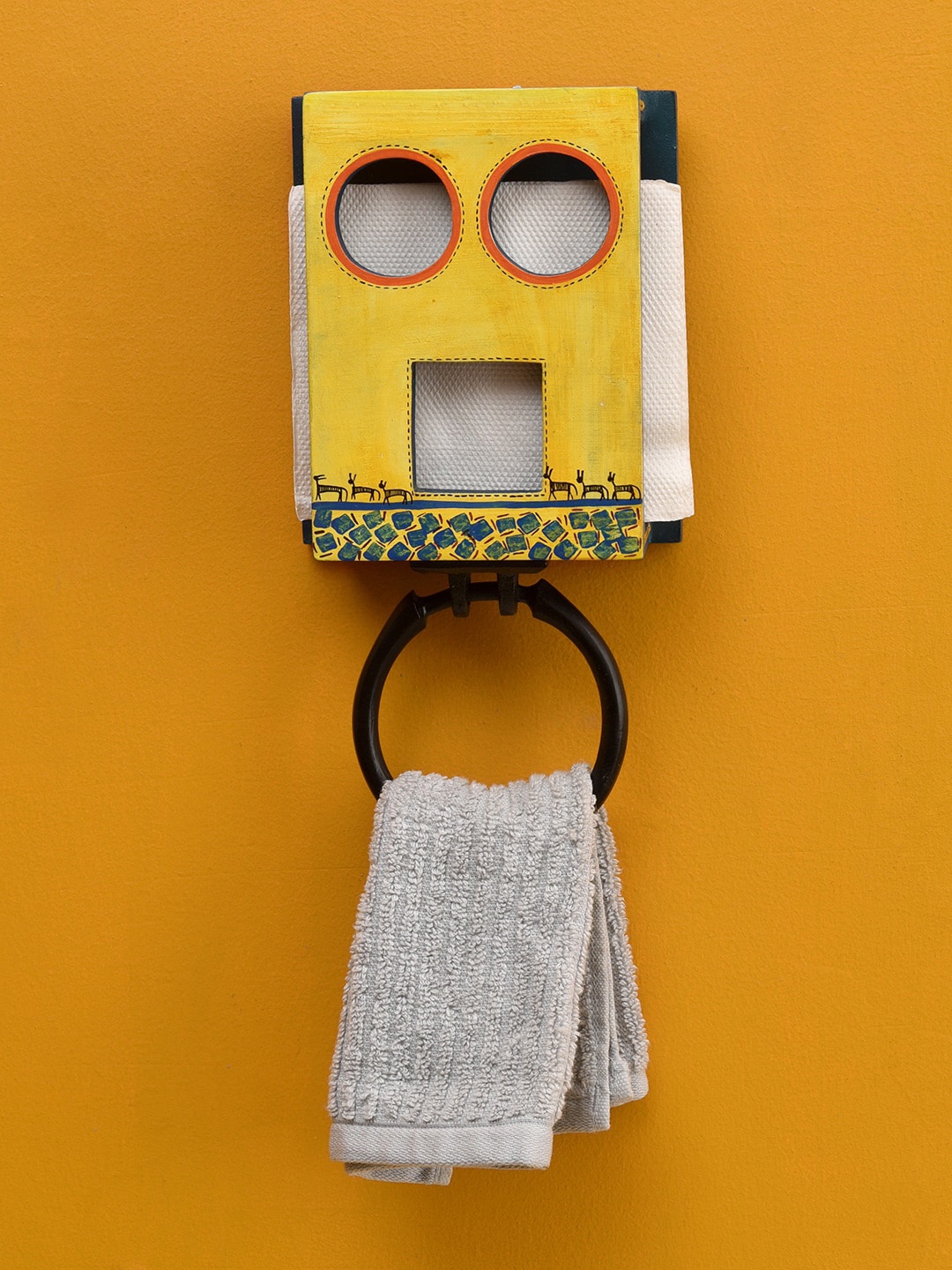 

AAKRITI ART CREATIONS Yellow Robo Wooden Face Towel Hanger