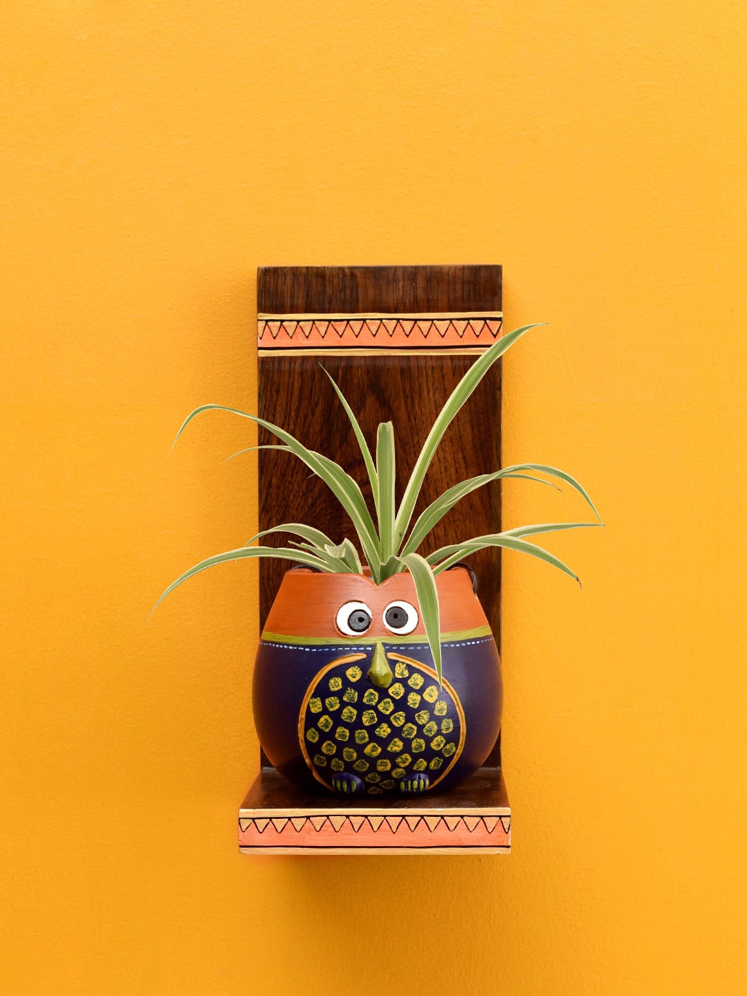 

AAKRITI ART CREATIONS Brown & Navy Blue Hooting Owl Wall Decor Shelf With Planter
