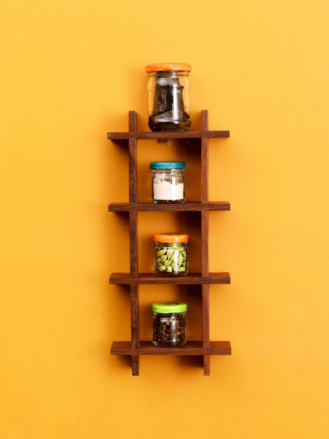 

AAKRITI ART CREATIONS 5 Pcs Brown Wood Basic Wall Shelf & Spice Jars