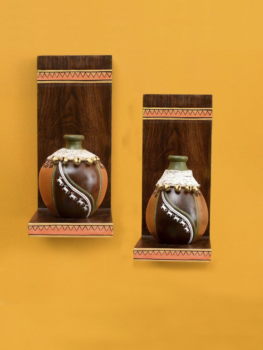 

AAKRITI ART CREATIONS Set Of 2 Brown & Orange Coco Wall Decor Shelves With Vases