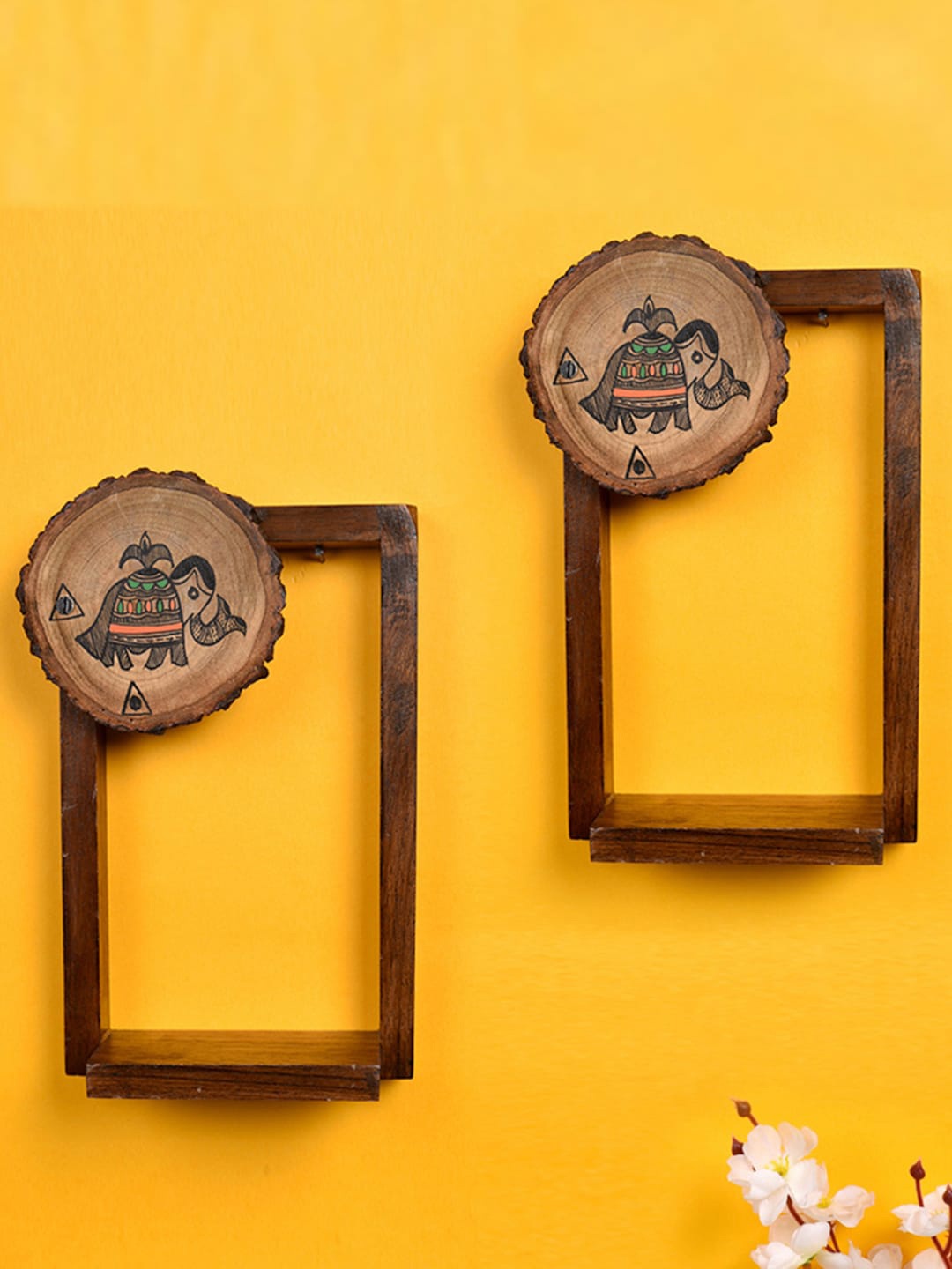 

AAKRITI ART CREATIONS Set Of 2 Brown Patterned Handcrafted Wall Shelf Decor