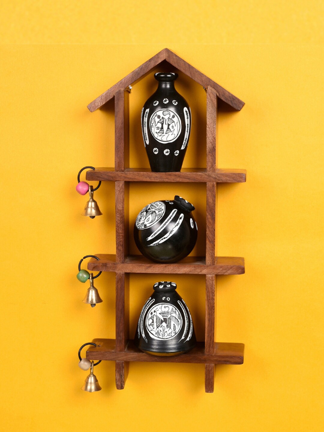 

AAKRITI ART CREATIONS Brown & Black Wood Wall Shelf & 3 Warli Pots