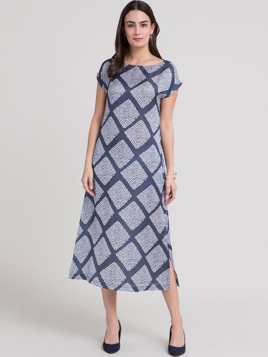 

FableStreet Blue Checked Satin Formal A-Line Shibori Midi Dress