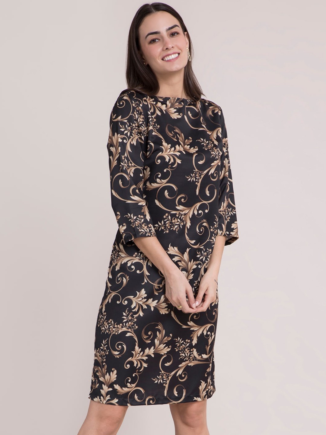 

FableStreet Black Floral Satin Formal Sheath Dress